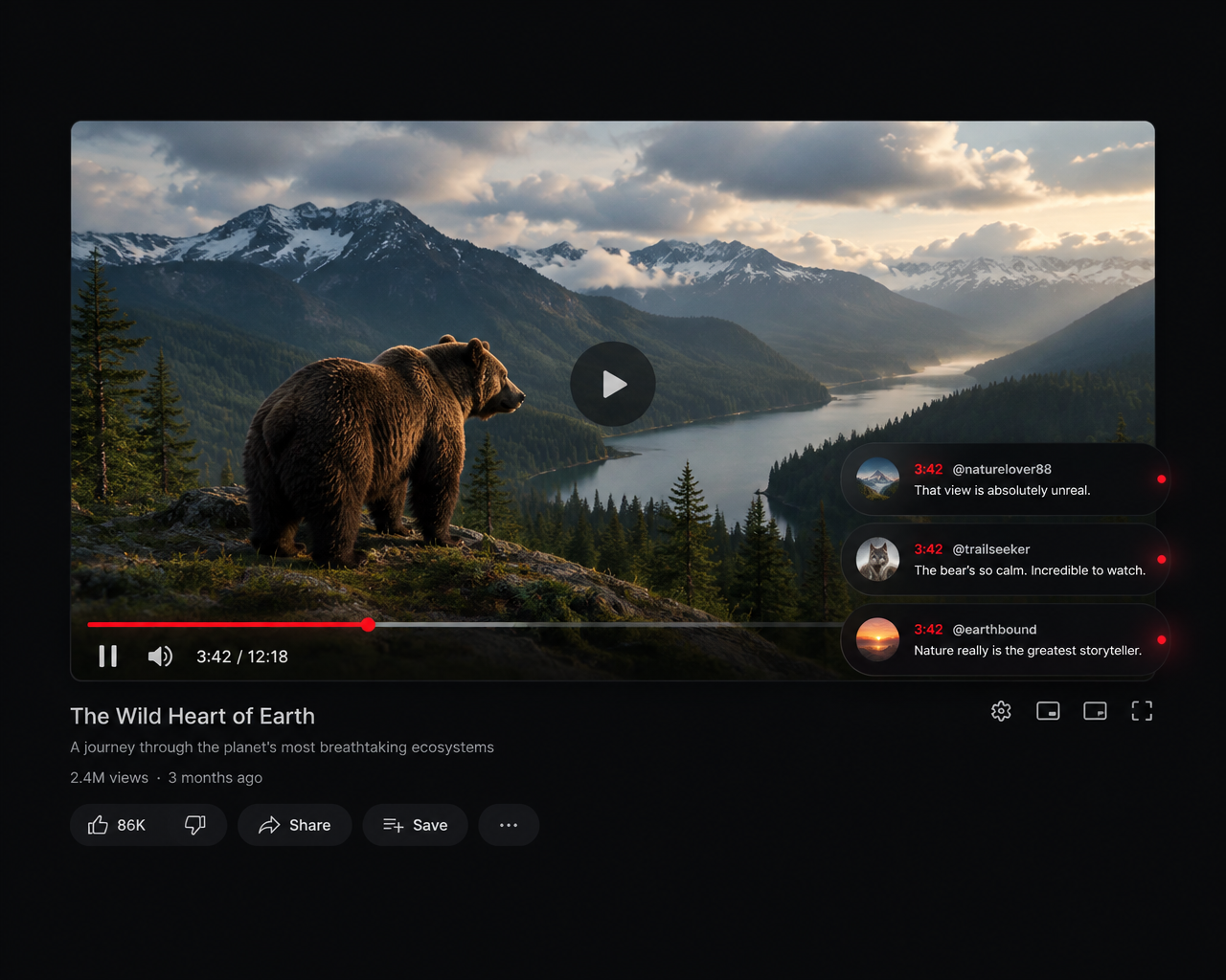 Video player with comment bubbles appearing over the video
